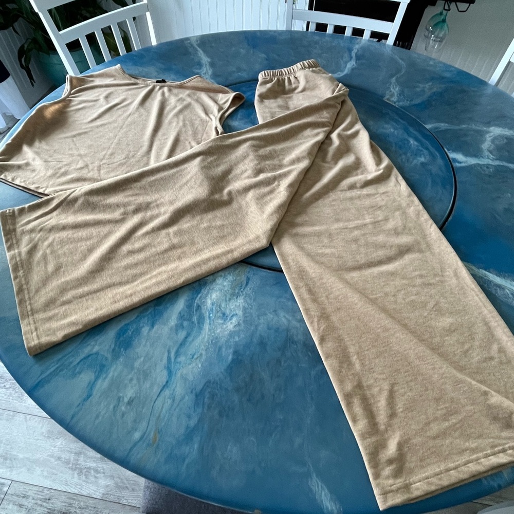 Tan Sleeveless Top and Wide-Leg Pants Set